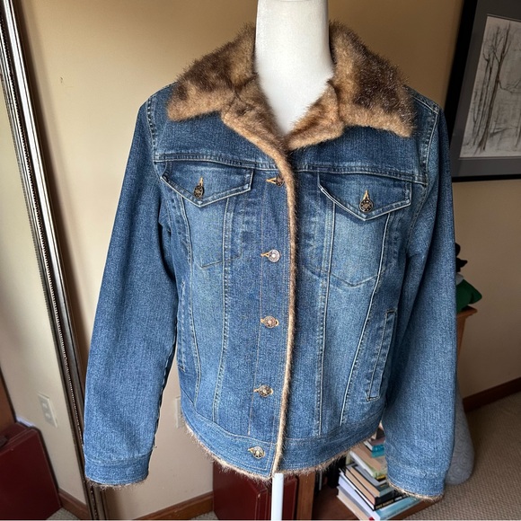 Vintage Marvin Richards Blue Denim Jean Jacket Faux Fur Lined Sz Medium 90s Y2K - Picture 1 of 9